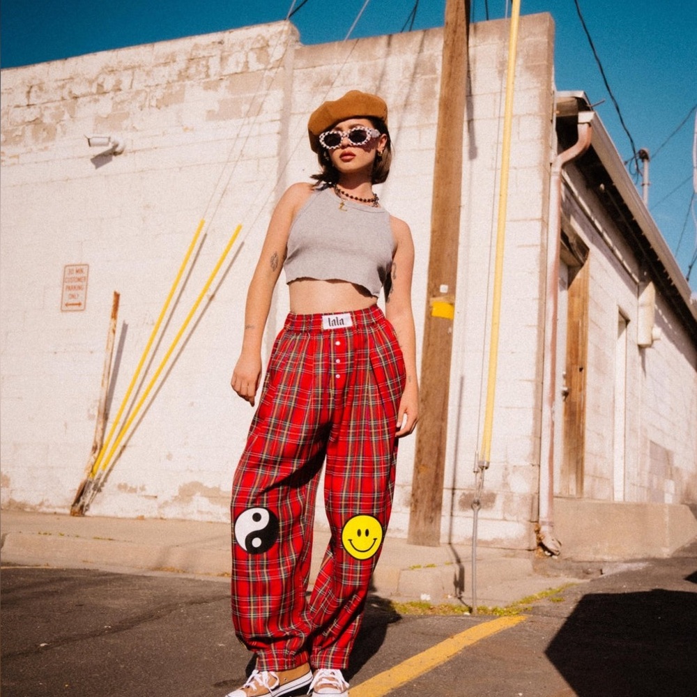 Dressed in Lala Happy Chance Boxer Pants 3X Plaid Red Yin Yang Smiley  Lightning